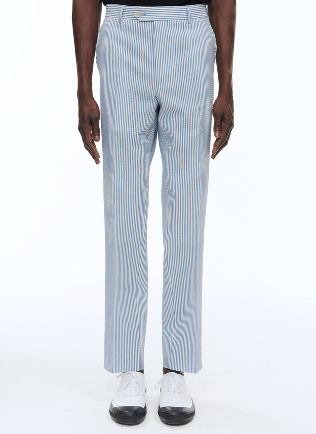 Pantalon homme rayures blanches et bleues seersucker de laine vierge Fursac - P3BATE-BX05-34