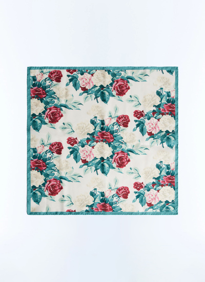 Men's pocket square green, pink and white floral pattern silk twill Fursac - D1POCH-FR04-L001