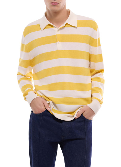 Polo homme rayures blanches et jaunes laine certifiée et coton Fursac - A2GUBY-GA13-E005