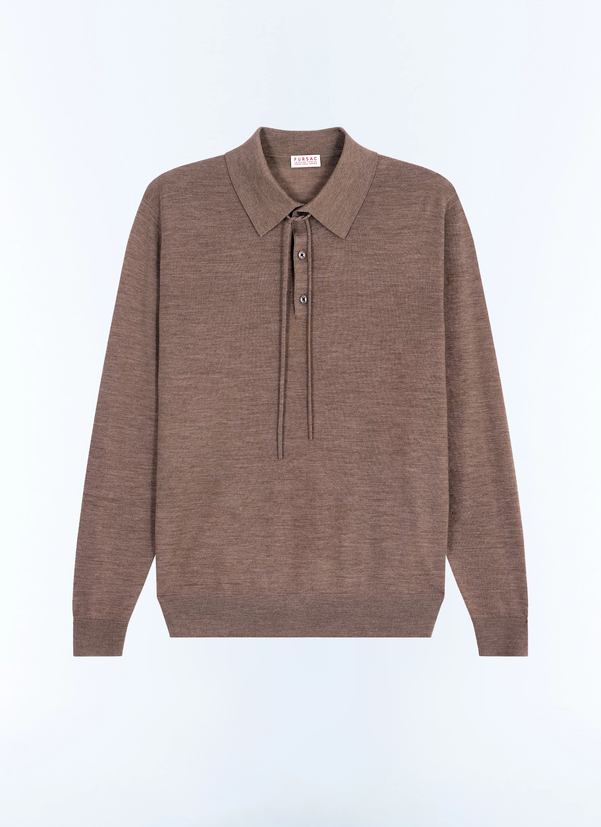 FURSAC - Polo à manches longues en laine mérinos - Homme - Taille L - Brun - Coupe Droite