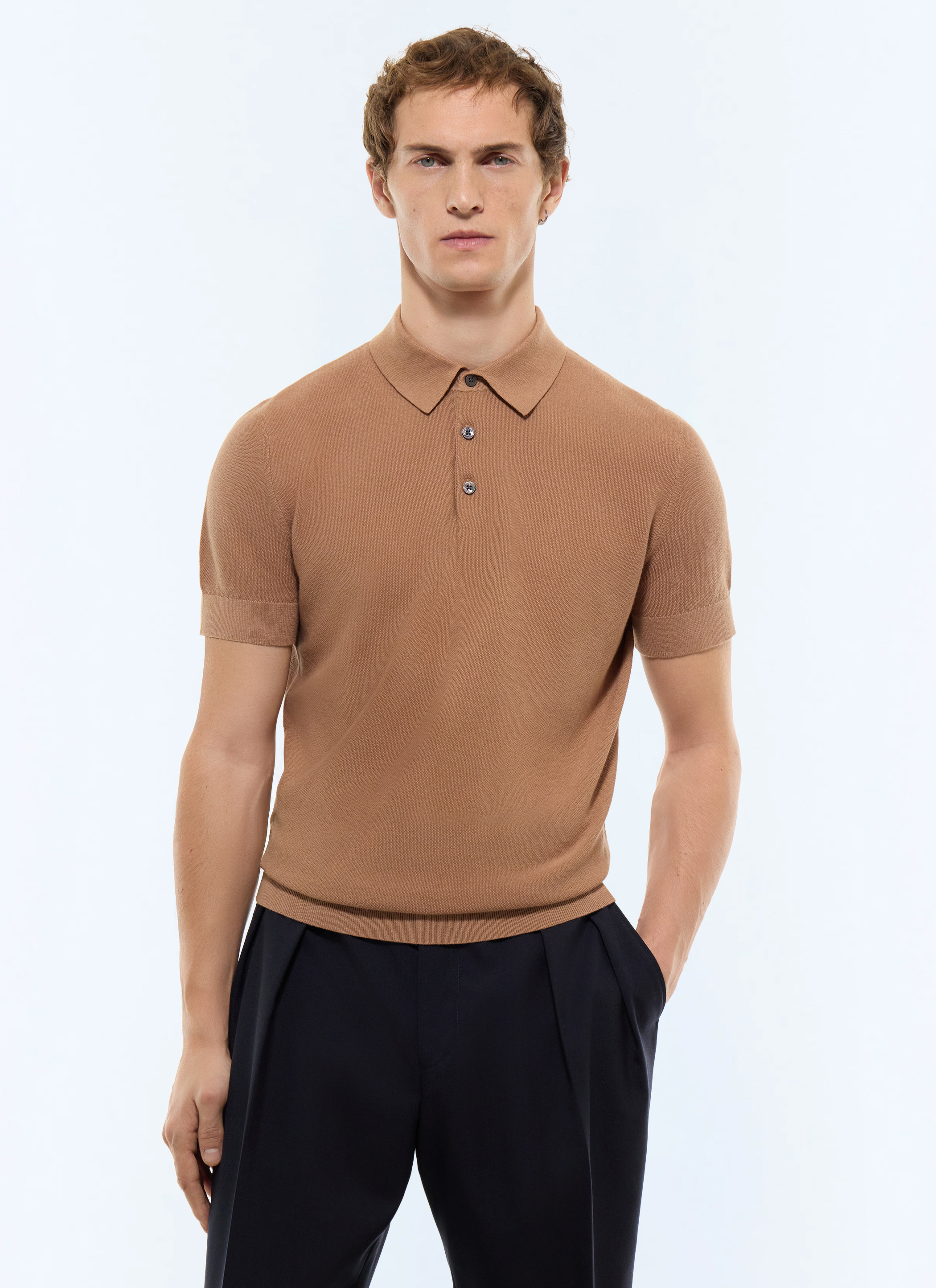 FURSAC - Polo point de riz en coton et cachemire - Homme - Taille L - Brun - Coupe Ajustée