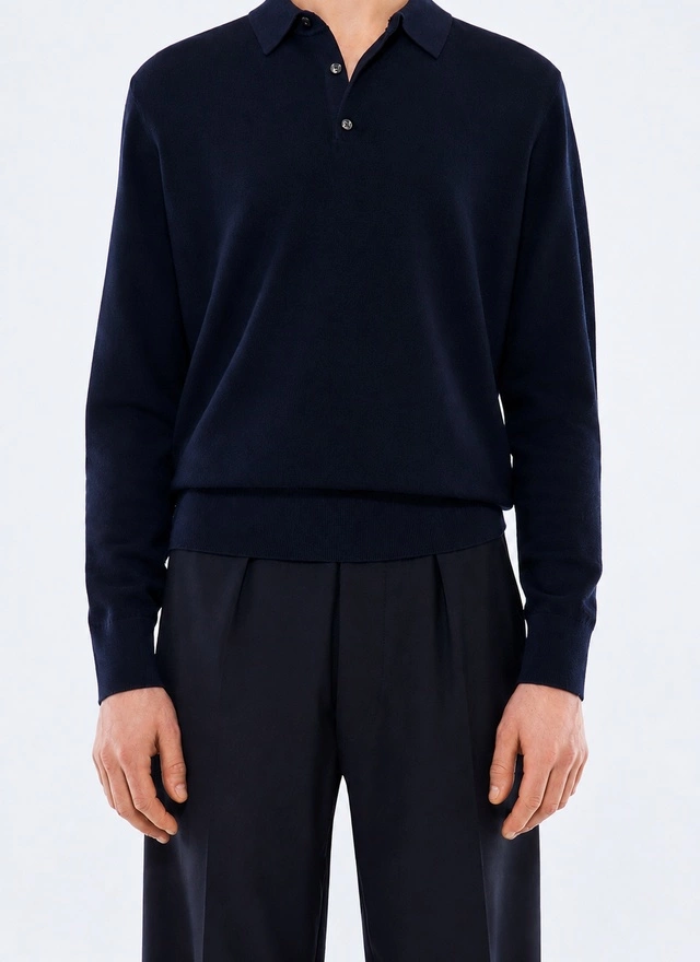 Men's polo shirt navy blue certified cotton and cashmere knit Fursac - A2TWIG-NA01-30