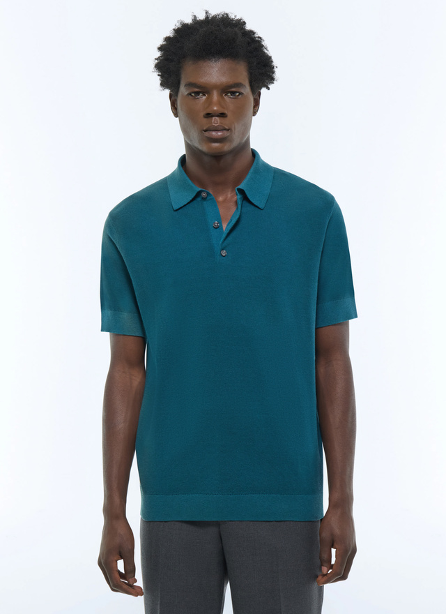 Men's polo shirt teal blue certified cotton and cashmere knit Fursac - A2PIRO-NA01-D025