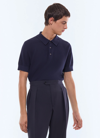 Men's polo shirt navy blue cotton, cashmere and wool moss stitch Fursac - A2PIRO-JA20-D030