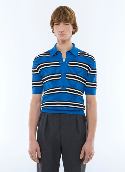 Men's polo shirt blue ribbed mercerized cotton Fursac - A2FUNK-FA11-D035