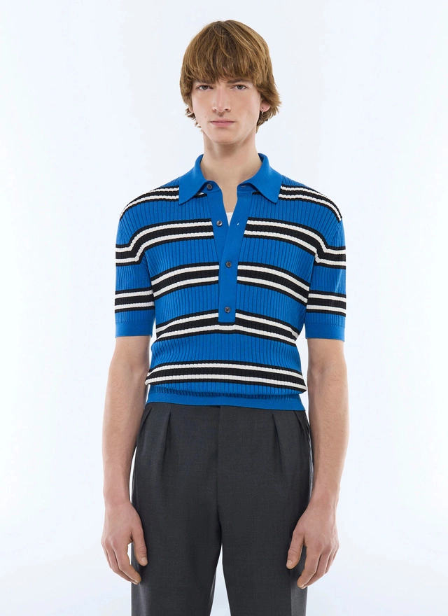 Men's polo shirt blue ribbed mercerized cotton Fursac - A2FUNK-FA11-D035