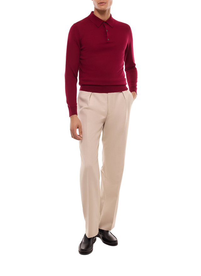 Men's red, bordeaux certified merino wool polo shirt Fursac - A2RILO-MA03-C014