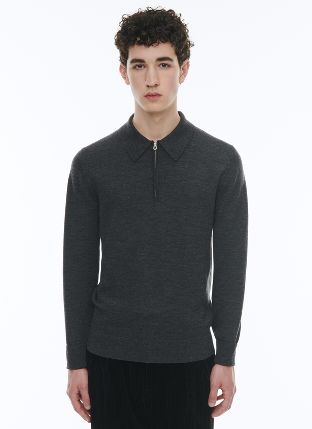 Men's polo shirt dark flecked grey wool Fursac - A2CPOL-CA28-B019
