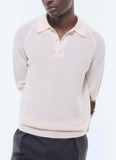 Men's polo shirt ecru moss stitch in certified wool Fursac - A2AIRO-AA19-A002