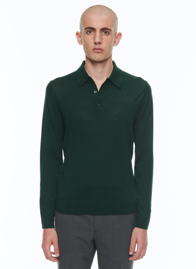 Men's polo shirt forest green merino wool Fursac - A2RILO-MA03-H014