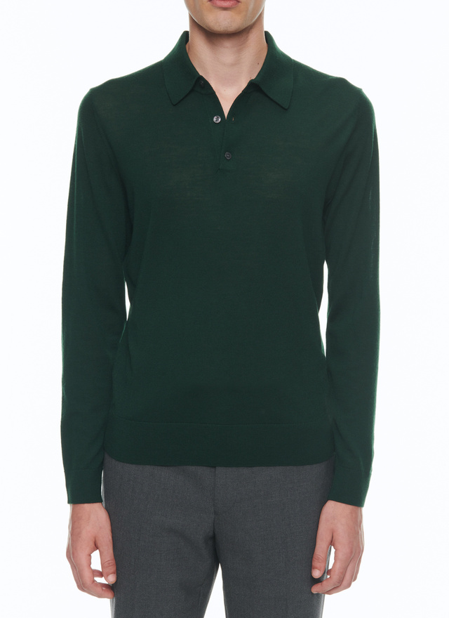Men's polo shirt forest green merino wool Fursac - A2RILO-MA03-H014