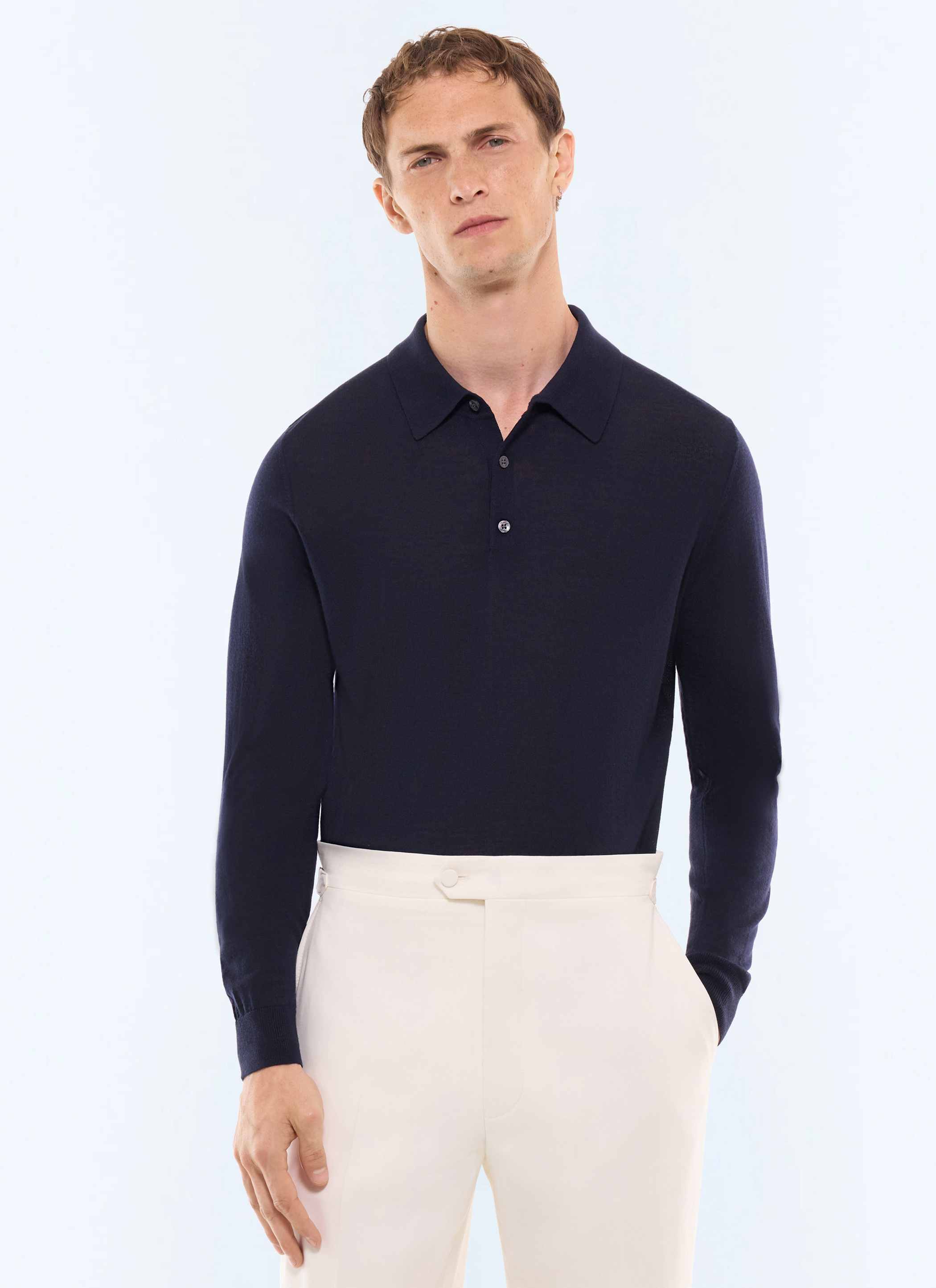 FURSAC - Long-sleeve Merino wool polo - Men - Size XXL - Blue, Navy blue