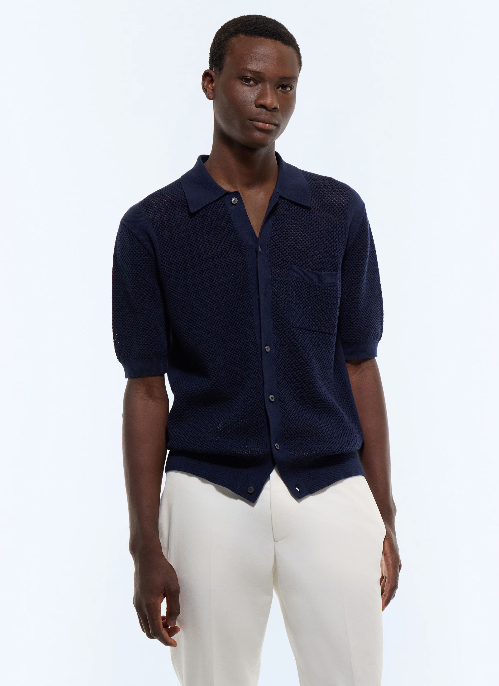 FURSAC - Fine open-knit cotton polo - Men - Size XXL - Blue, Navy blue - Straight cut
