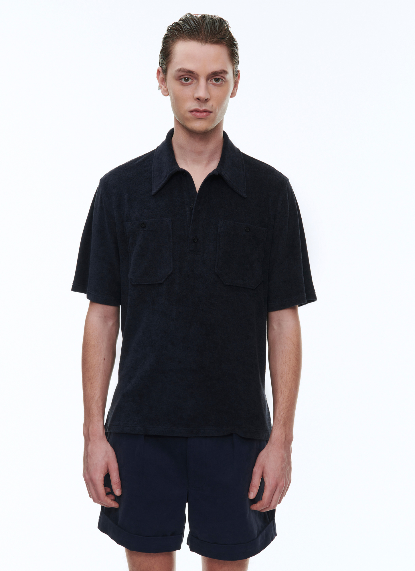 Men's polo shirt navy blue towelling cotton jersey Fursac - J2BEOM-BJ17-30