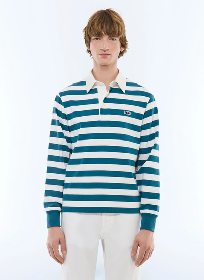 Men's polo shirt white and teal blue rugby stripes cotton jersey Fursac - J2FUBY-FJ08-D025