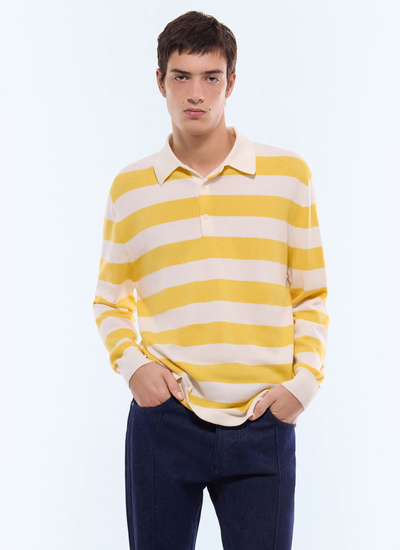 Men's polo shirt white and yellow stripes certified wool and cotton Fursac - A2GUBY-GA13-E005