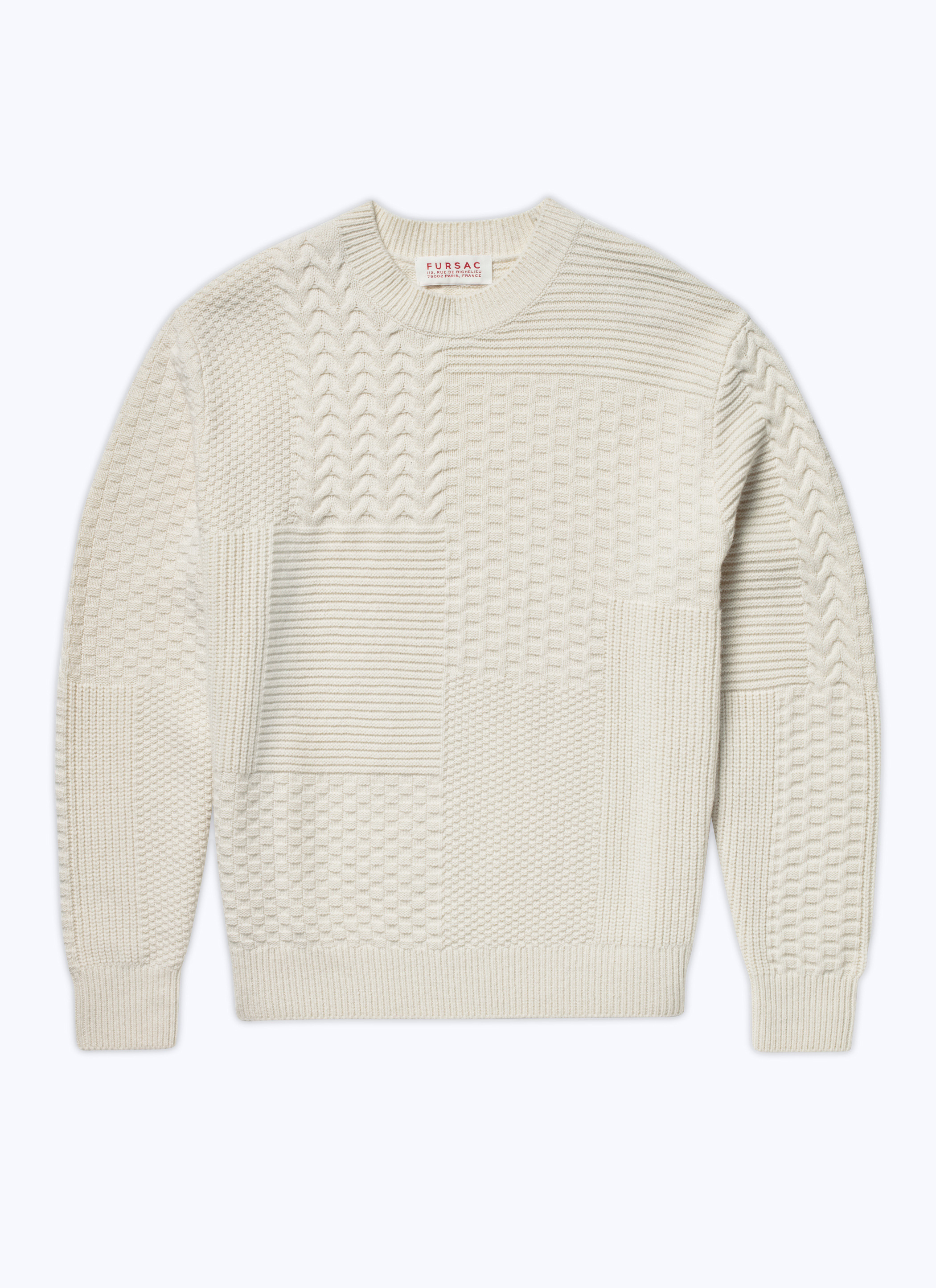 FURSAC - Pull en tricot patchwork de laine mérinos - Homme - Taille S - Blanc