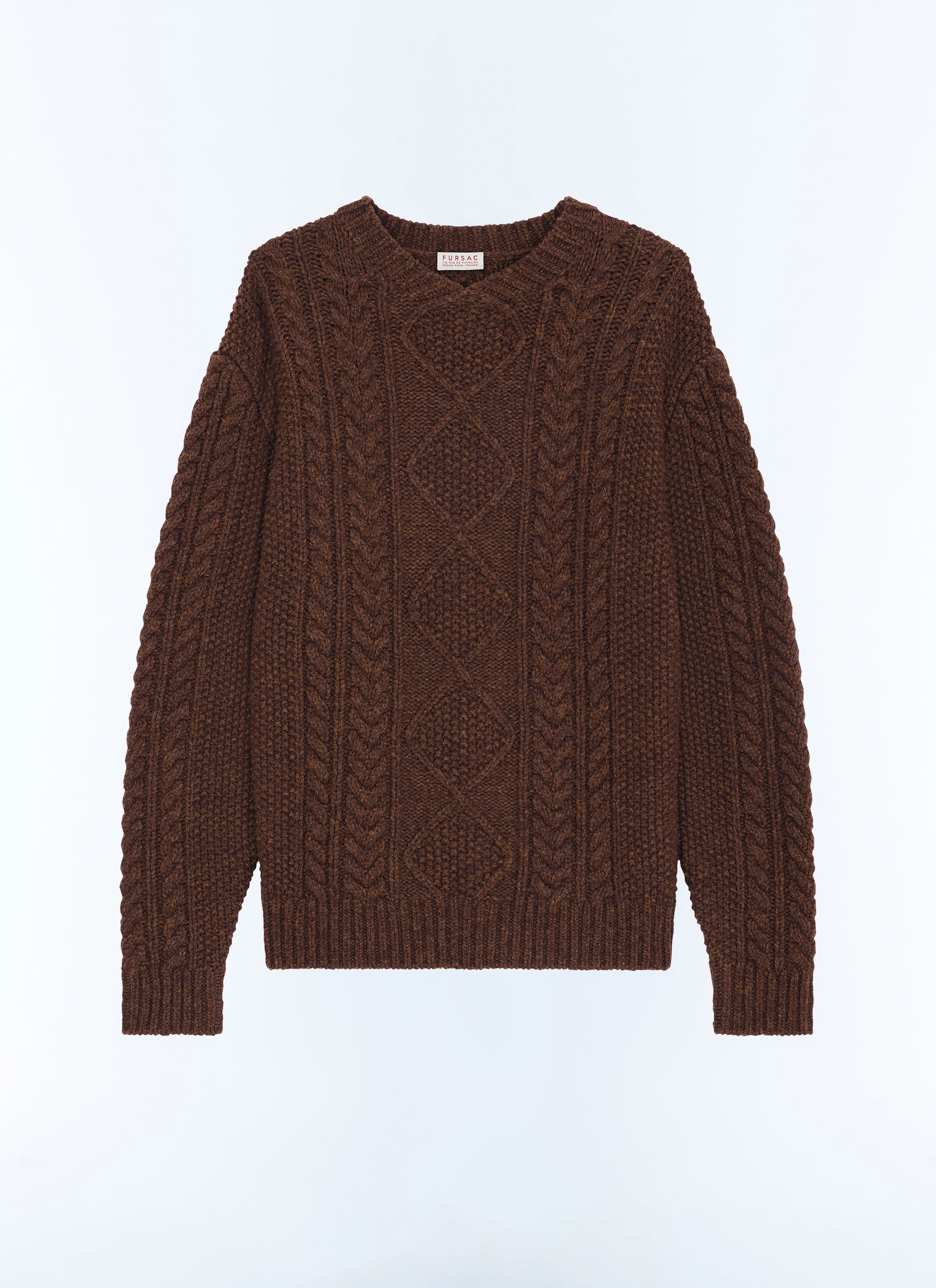 FURSAC - Pull torsadé à col rond en laine - Homme - Taille M - Brun