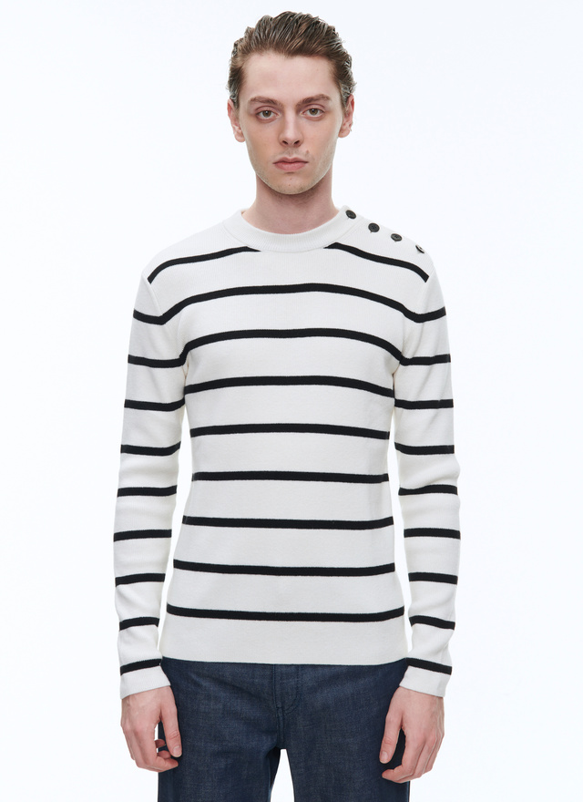 Pull homme rayures écrues et noires laine et coton Fursac - 23EA2BRIN-BA10/02