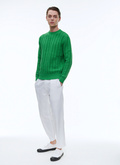 Pull à torsades vert en laine et coton - 23EA2BADE-BA08/43