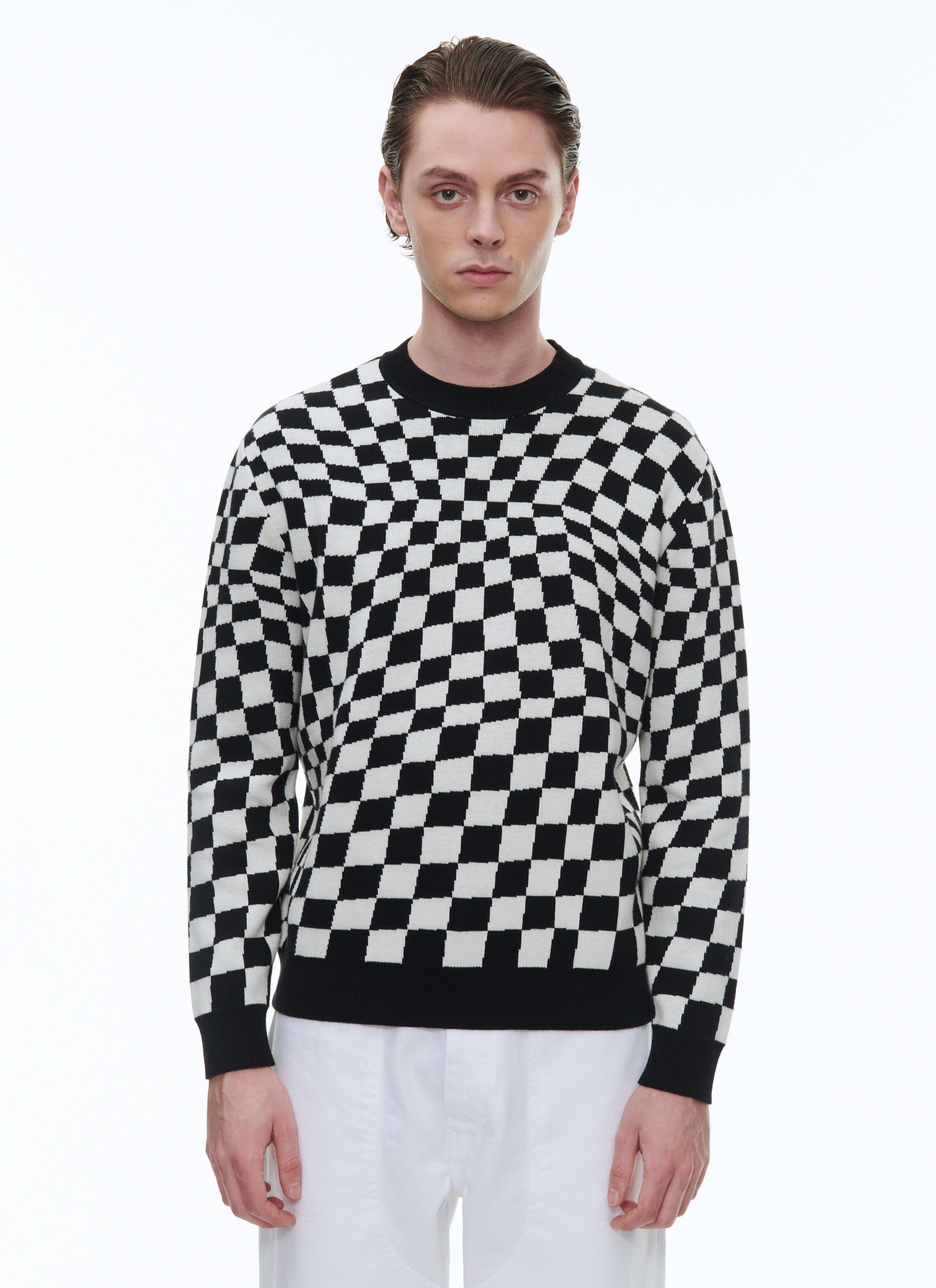 Pull homme carreaux déformés blancs et noirs jacquard de coton et cachemire Fursac - A2BARO-BA20-20
