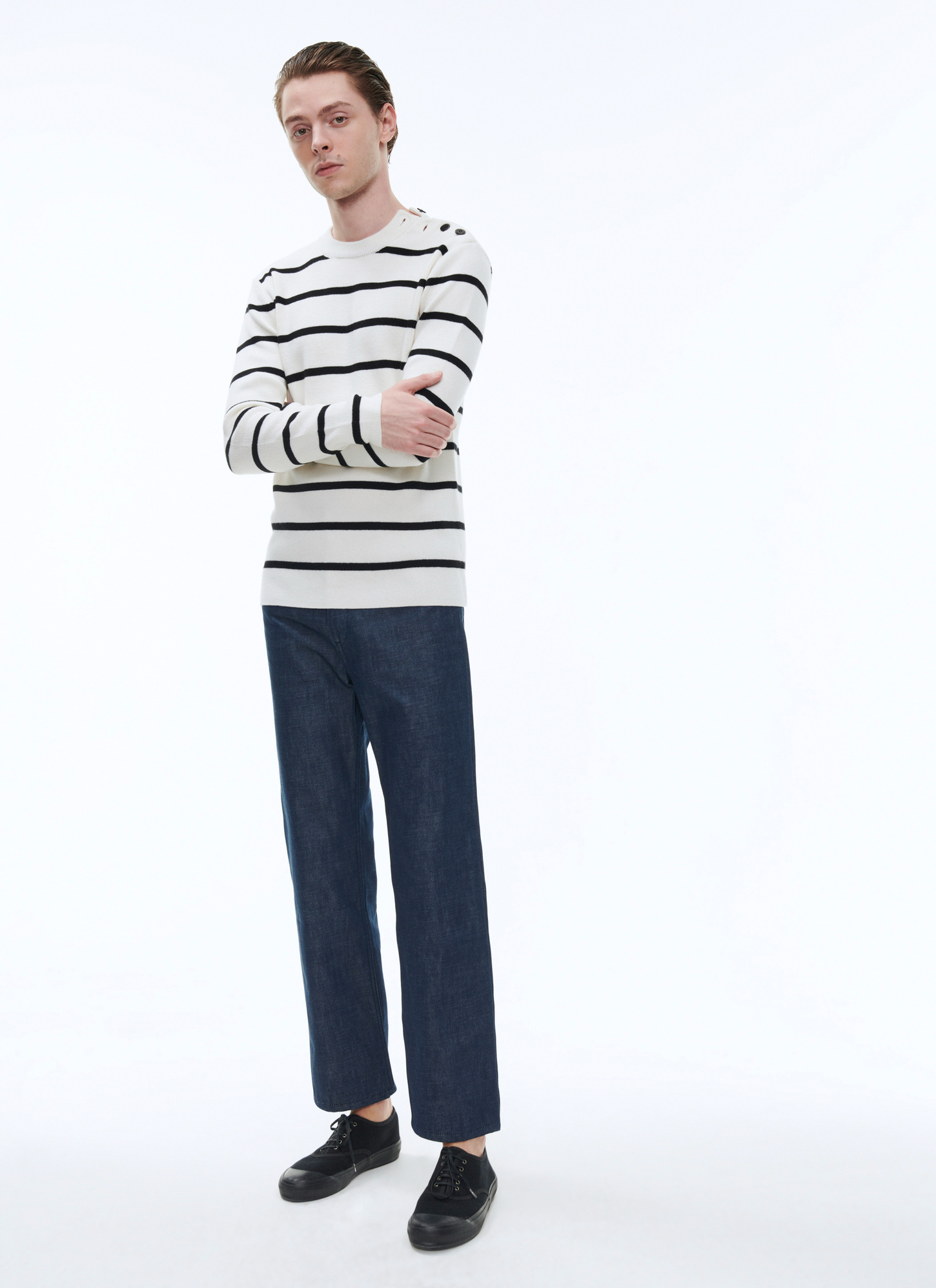 Pull marinière rayures écrues et noires homme Fursac - A2BRIN-BA10-02