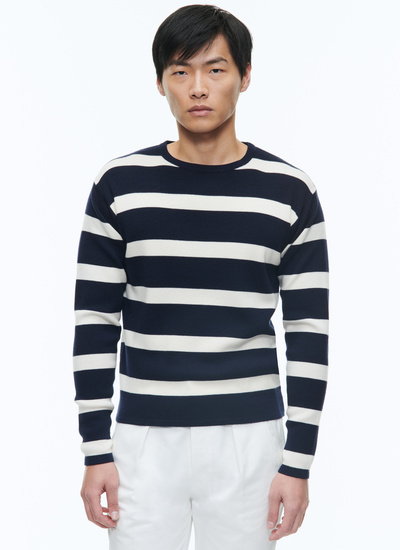 Men's sailor sweater ecru and navy blue stripes traceable wool Fursac - A2DINI-DA18-D030