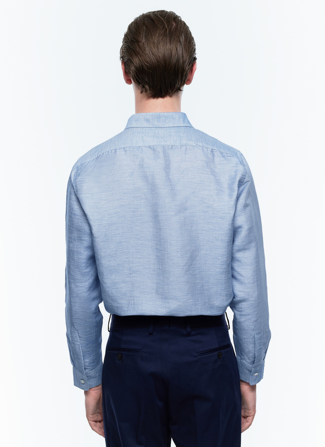 Men's blue, navy blue linen and organic cotton chambray canvas shirt Fursac - H3CILI-DH03-D004