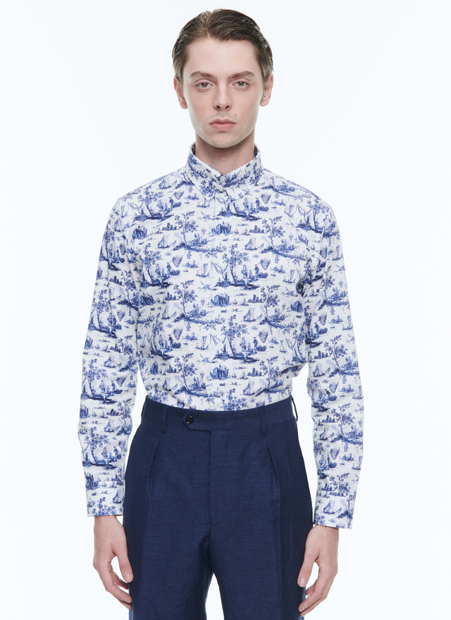 Men's shirt blue toile de jouy print cotton serge Fursac - H3DTAP-DH48-D013