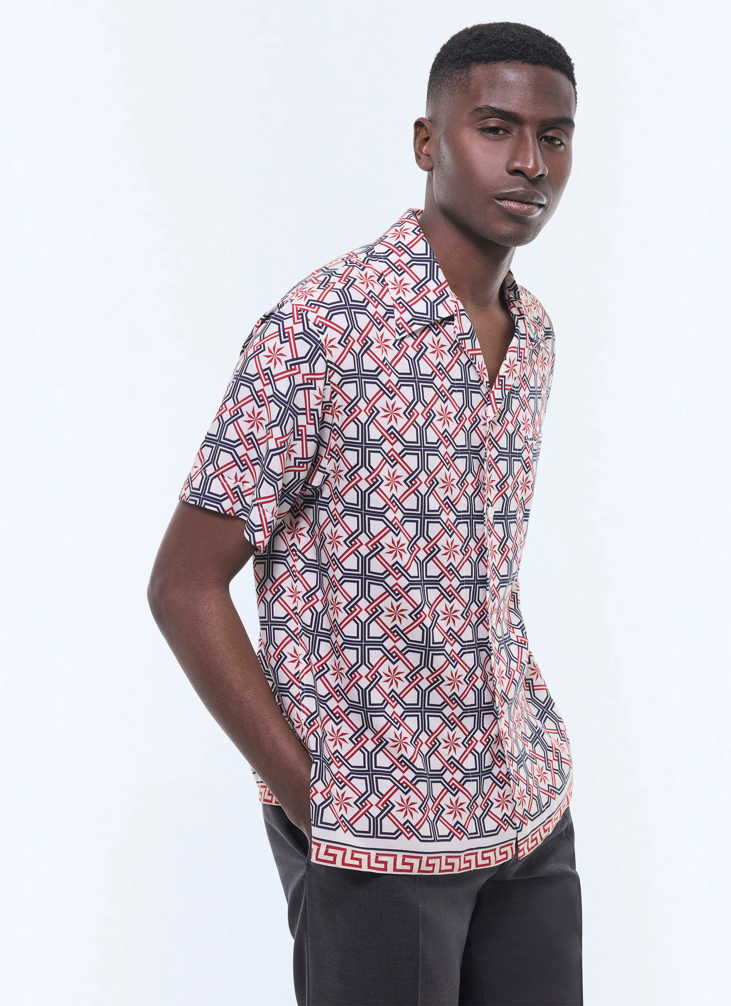 Men's shirt ecru, blue and burgundy ecovero viscose Fursac - H3GUNY-GH22-A002