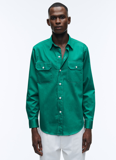 Men's shirt green cotton poplin Fursac - 22HH3VILI-AH23/41