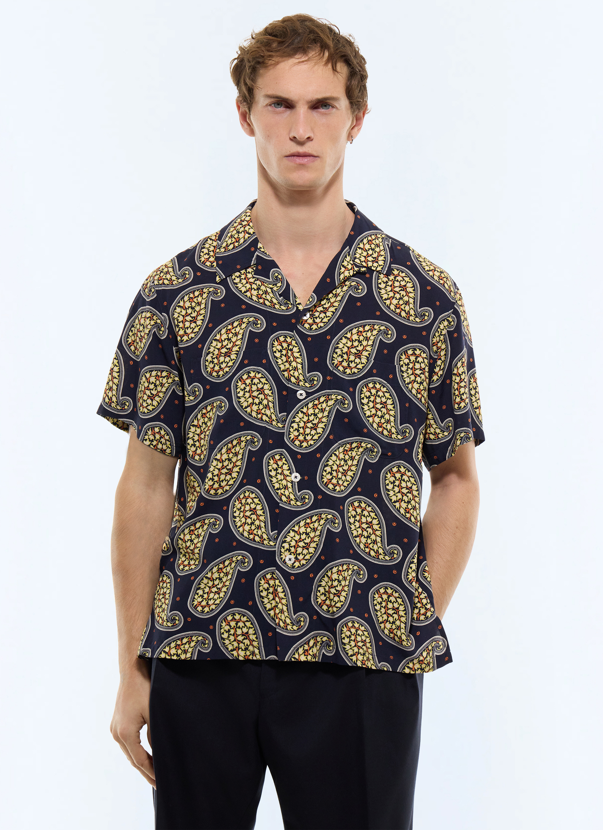 FURSAC - Paisley viscose short-sleeves shirt - Men - Size S - Blue, Navy blue - Straight cut