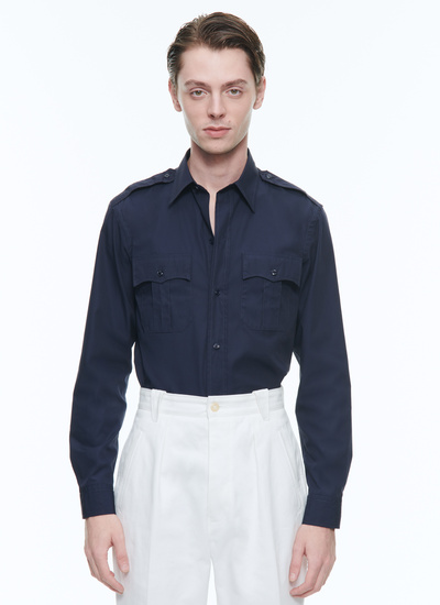 Men's shirt navy blue cotton poplin Fursac - H3DICE-DH18-D030