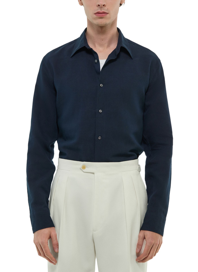 Men's shirt navy blue certified linen and cotton canvas Fursac - H3EDAV-DH50-D030
