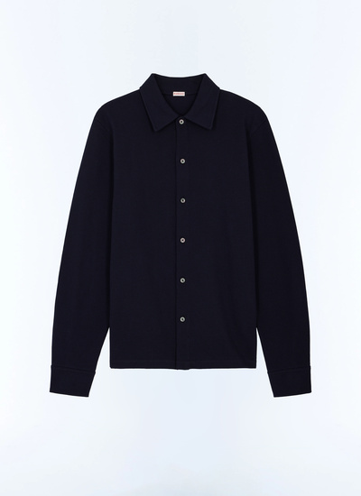 Men's blue, navy blue organic cotton piqué jersey shirt Fursac - H3JLUM-FJ22-D030