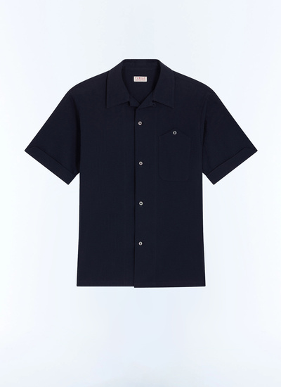 Men's blue, navy blue organic cotton seersucker shirt Fursac - H3JULY-JX13-D030