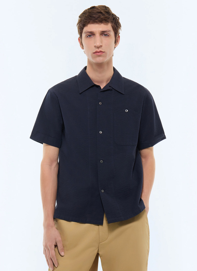 Men's shirt navy blue organic cotton seersucker Fursac - H3JULY-JX13-D030