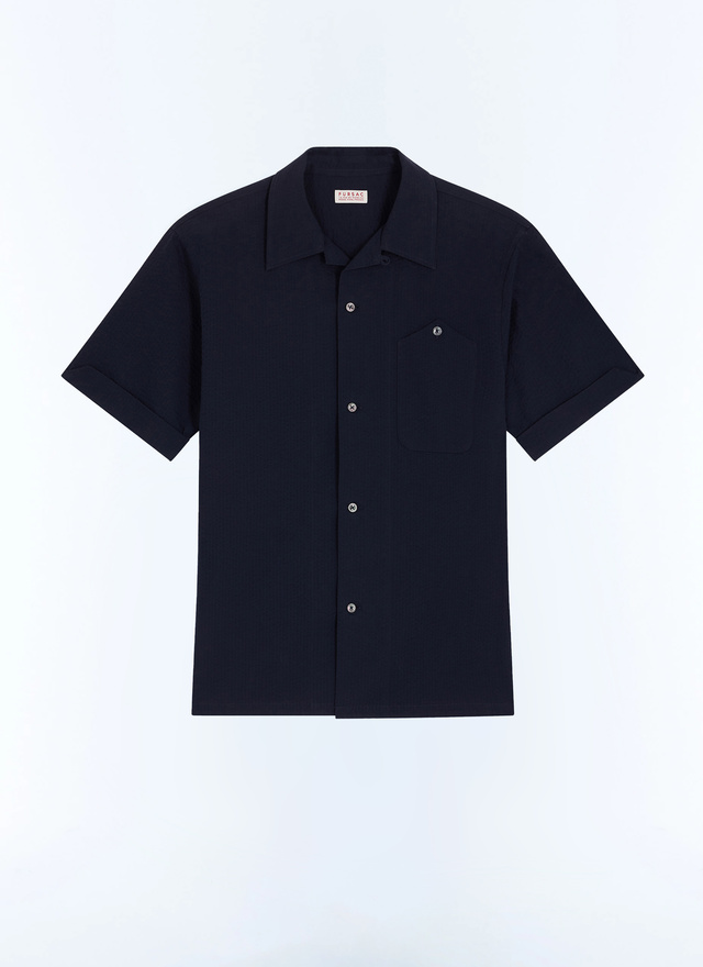 Men's blue, navy blue organic cotton seersucker shirt Fursac - H3JULY-JX13-D030