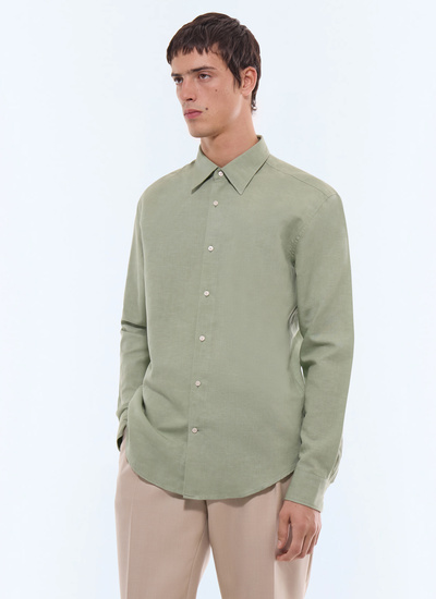 Men's shirt sage green cotton and linen canvas Fursac - H3EDAV-DH50-H005