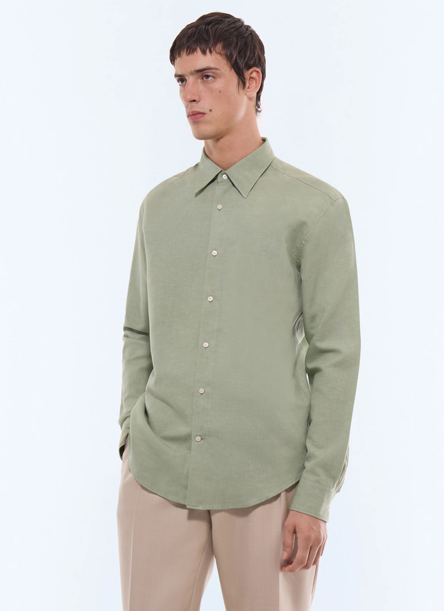 Men's shirt sage green cotton and linen canvas Fursac - H3EDAV-DH50-H005