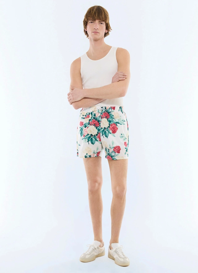 Shorts de bain homme motif floral vert, rose et blanc tissu technique en polyester certifié Fursac - P3VAHI-FP16-L001