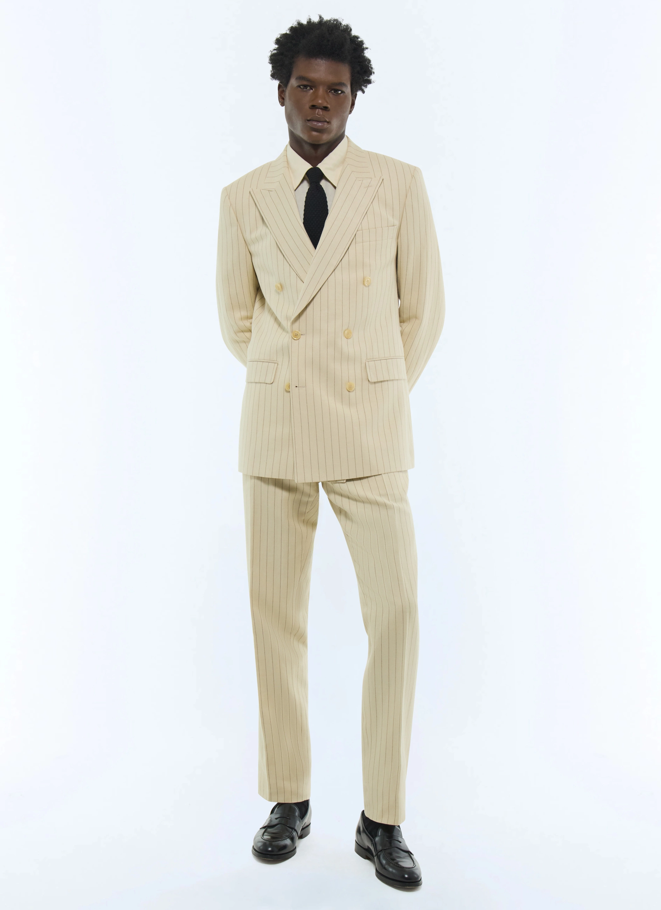 Beige - Contrasting stripes double-breasted cut suit C3FOUG