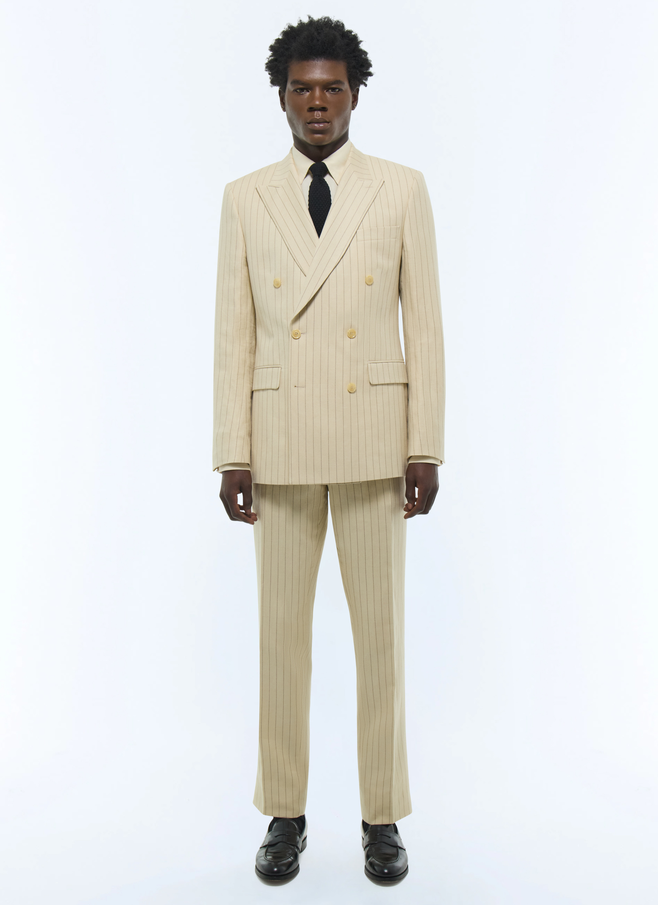 Beige - Contrasting stripes double-breasted cut suit C3FOUG