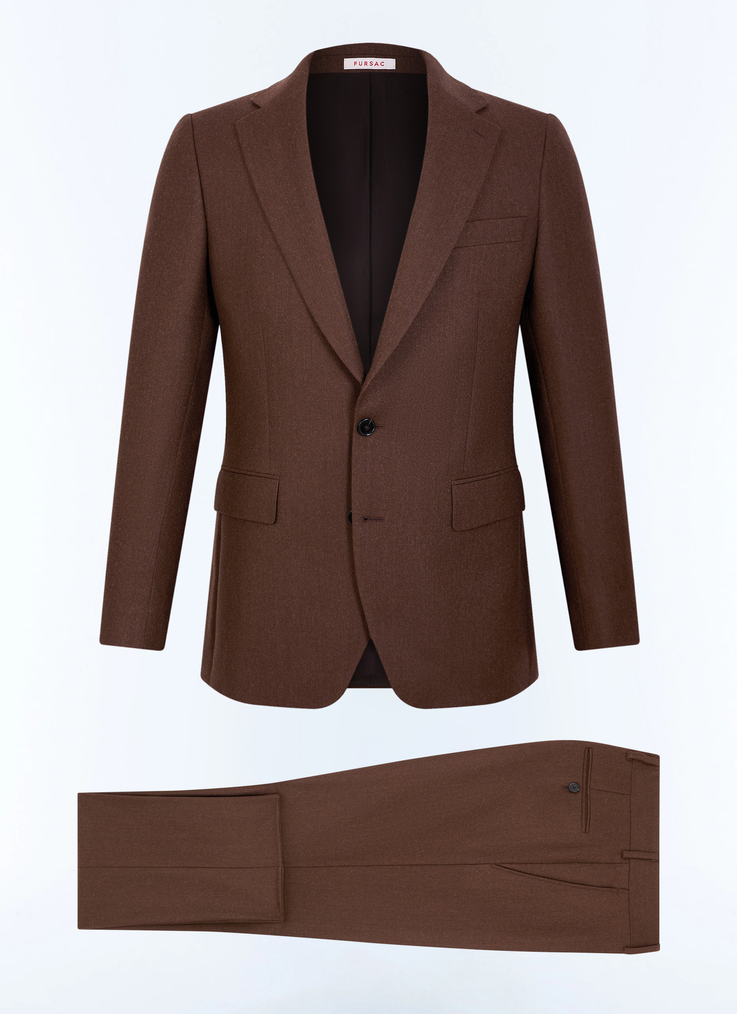 Men's suit brown main fabric: 100% virgin woolunder collar: 80% polyester, 20% viscosebody lining: 100% viscosesleeve lining: 57% viscose, 41% acetate, 2% cupro Fursac - C3JEXU-LC17-G018