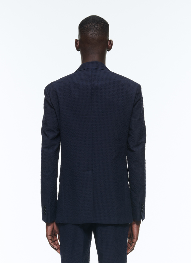 Men's blue, navy blue wool and cotton seersucker canvas suit Fursac - C3DAMA-DX04-D030