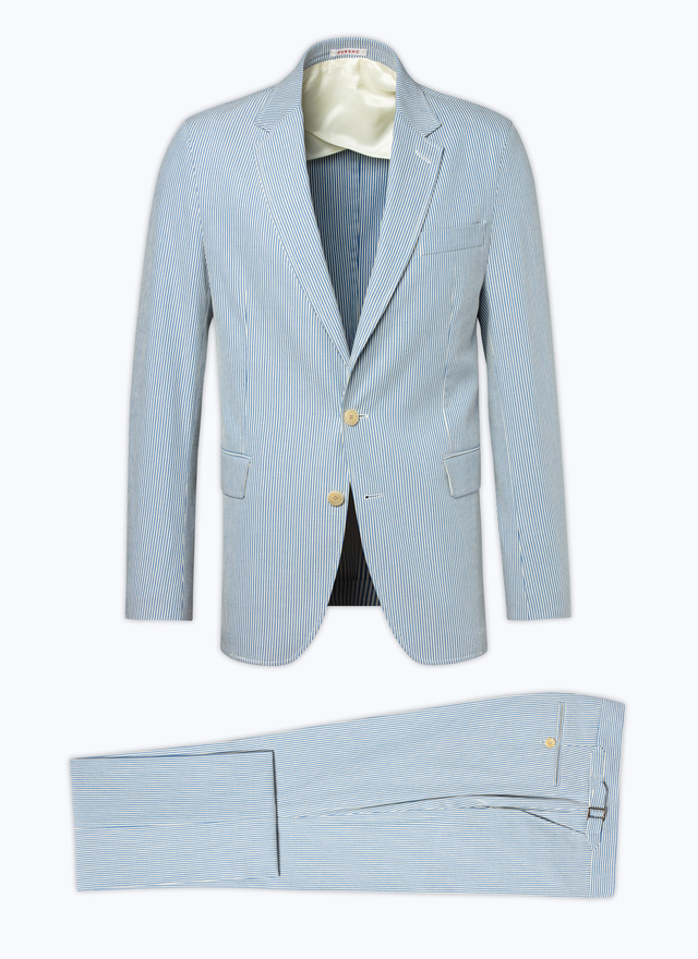 Fursac men's suit - White and sky blue stripes cotton canvas suit with stripes C3DAMA-DX05-D004