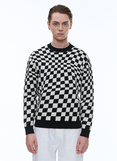 Men's sweater warped black and white checks cotton and cashmere jacquard Fursac - A2BARO-BA20-20