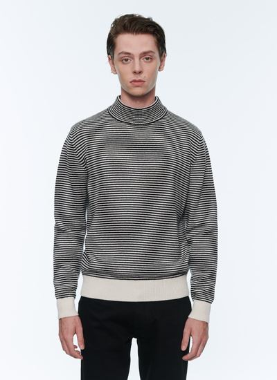 Men's sweater ecru and black stripes merino wool Fursac - 22HA2ACHE-AA10/02