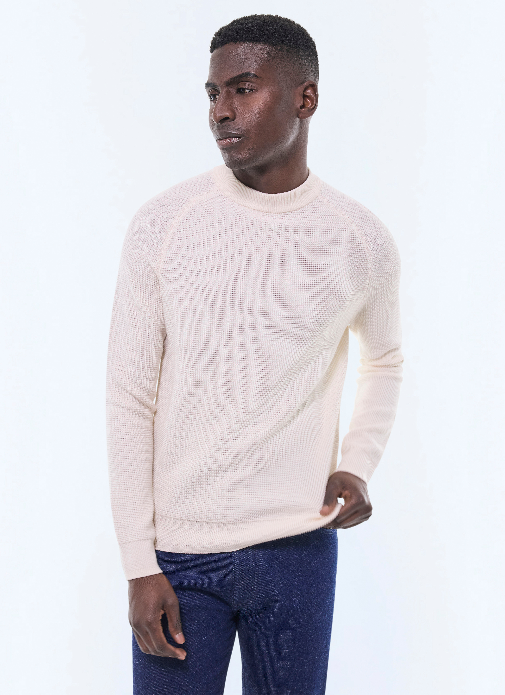 Ecru Moss Stitch Round Neck Jumper for Men - Fursac A2EIRO-AA19-A002