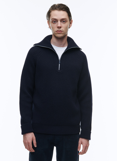 for Men Blue Mens Clothing Sweaters and knitwear Zipped sweaters 04651/ Wool Chunky Rib Zip Hoodie in Navy 